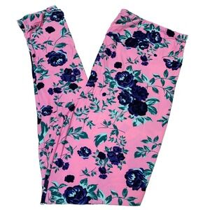 LuLaRoe Womens Leggings Size TC Pink Purple Floral Roses Tall And Curvy NWT